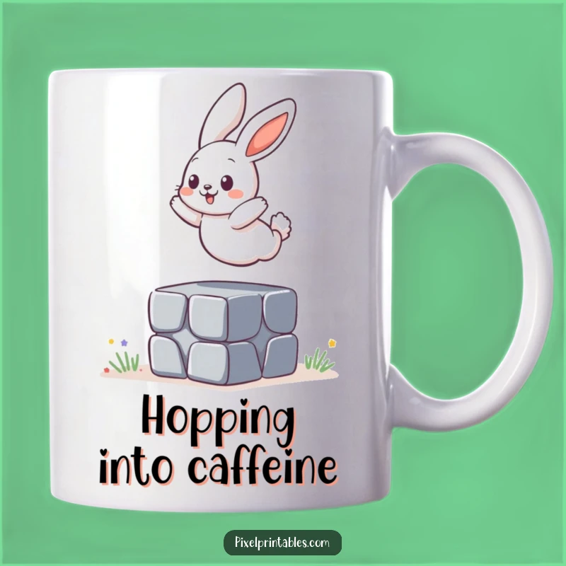 Funny Pixelated Bunny Jumping Mug, Playful Leap Funny Gift