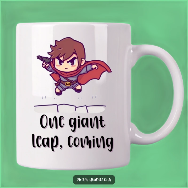 Funny Pixelated Hero Mug: Determined Leaper Perfect for Gamers