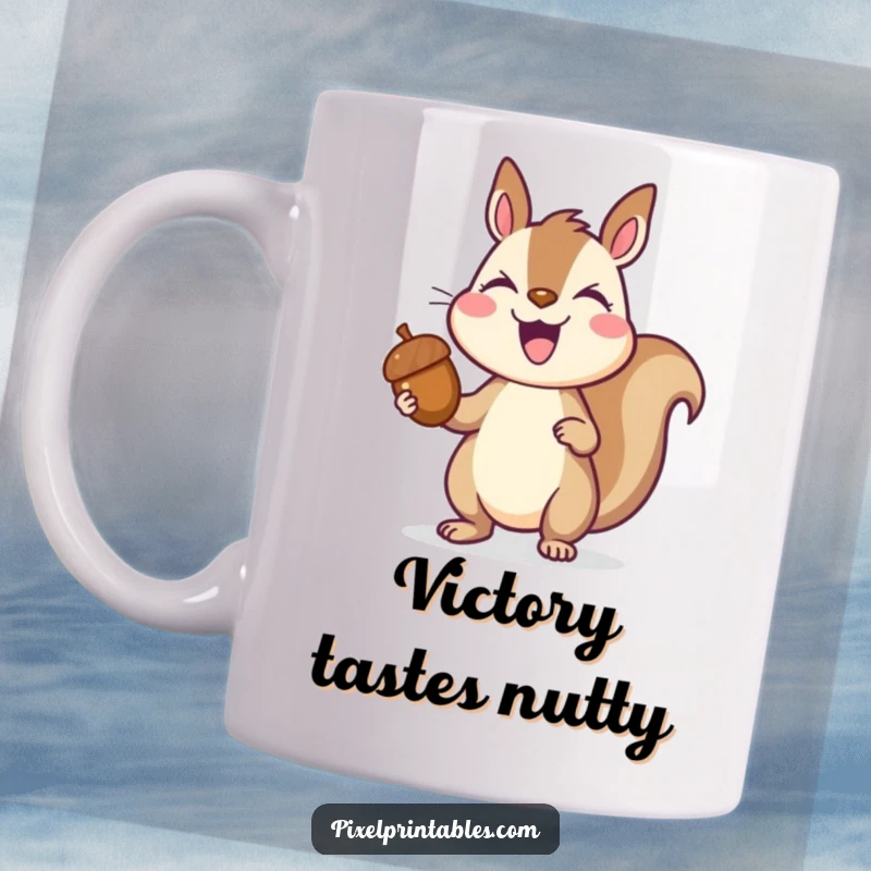 Funny pixelated squirrel triumphantly holding a pixelated acorn, joyful expression, retro pixel art, gamer mug.