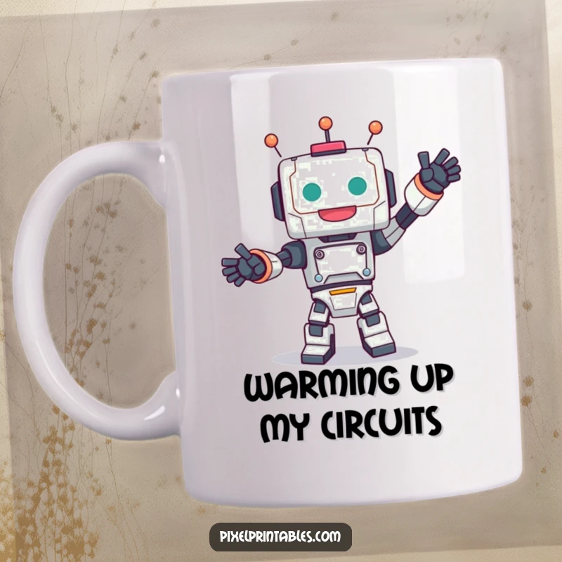 Funny mug with a cute, blocky robot character performing an energetic and joyful dance, a delightful gift.