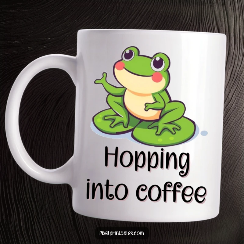 Funny Pixel Frog Mug: A happy pixelated frog joyfully hopping on pixel lily pads, bringing a splash of retro fun.