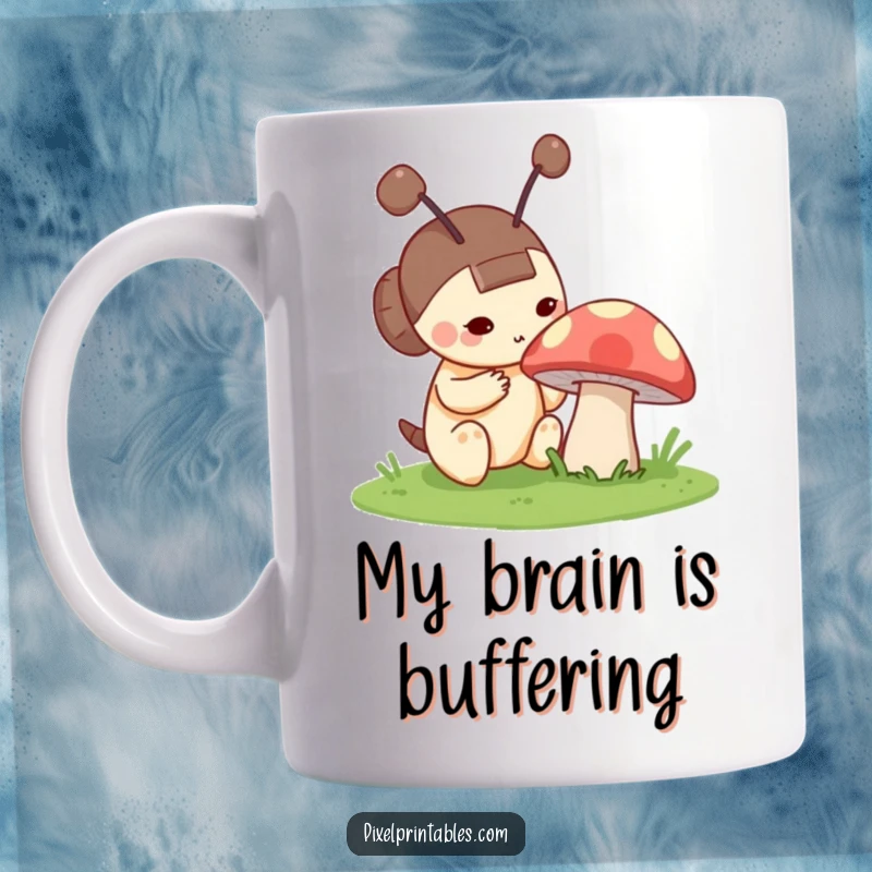Funny mug with a curious pixel character with blocky antennae intently examining a glowing, pixelated mushroom in a retro-style landscape.