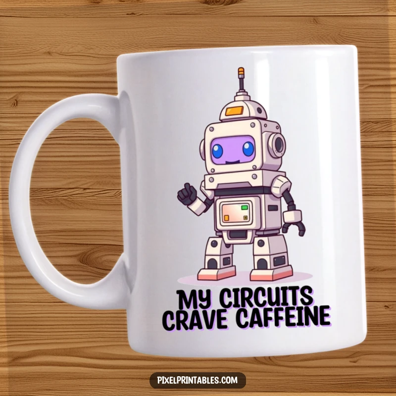 Funny Robot mug, a determined little bot smiling while building a giant pixel art structure, perfect for tech enthusiasts.