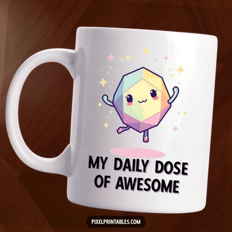 Funny pixelated geometric shape joyfully dancing with sparkling pixelated elements, retro digital art mug design.