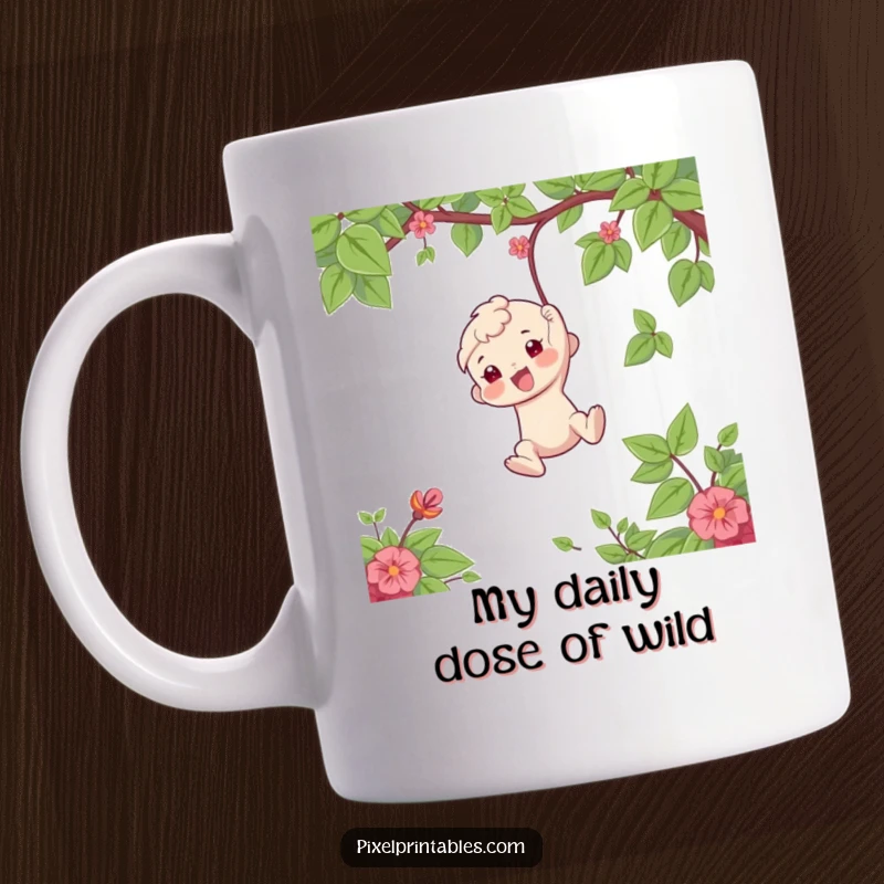 Funny Mug: Playful character gleefully swings from a jungle vine, evoking joy and humor, an ideal funny gift for adventurers.