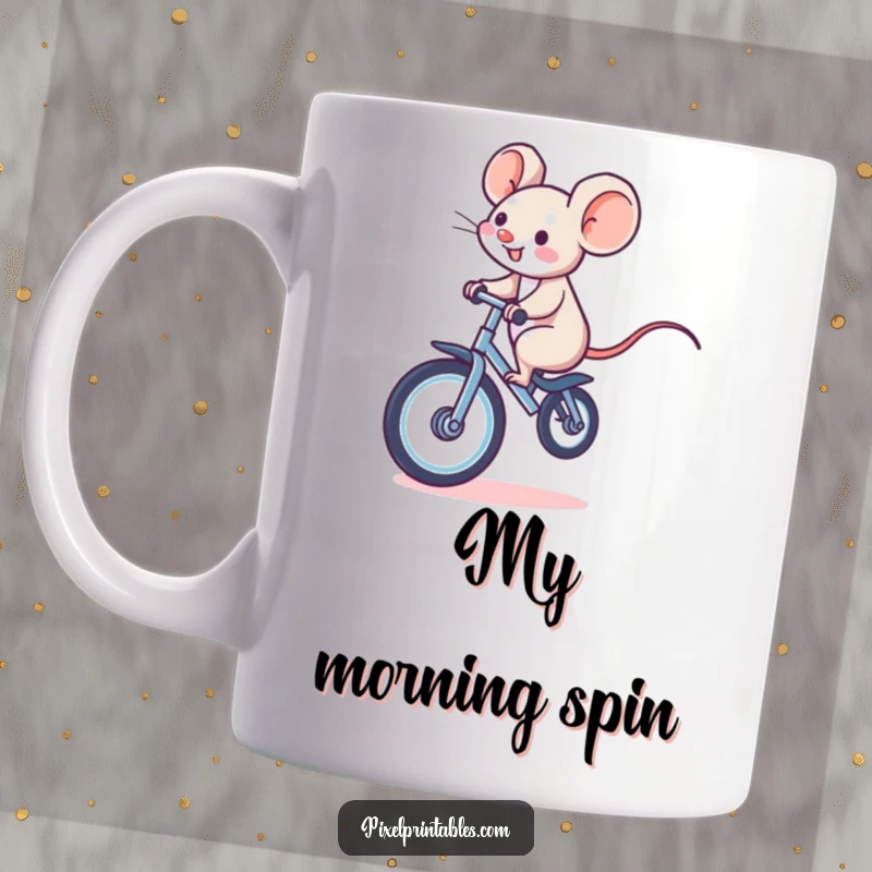 Funny mug featuring a giggling pixelated mouse riding a pixelated unicycle, exuding joy and playful, retro charm.