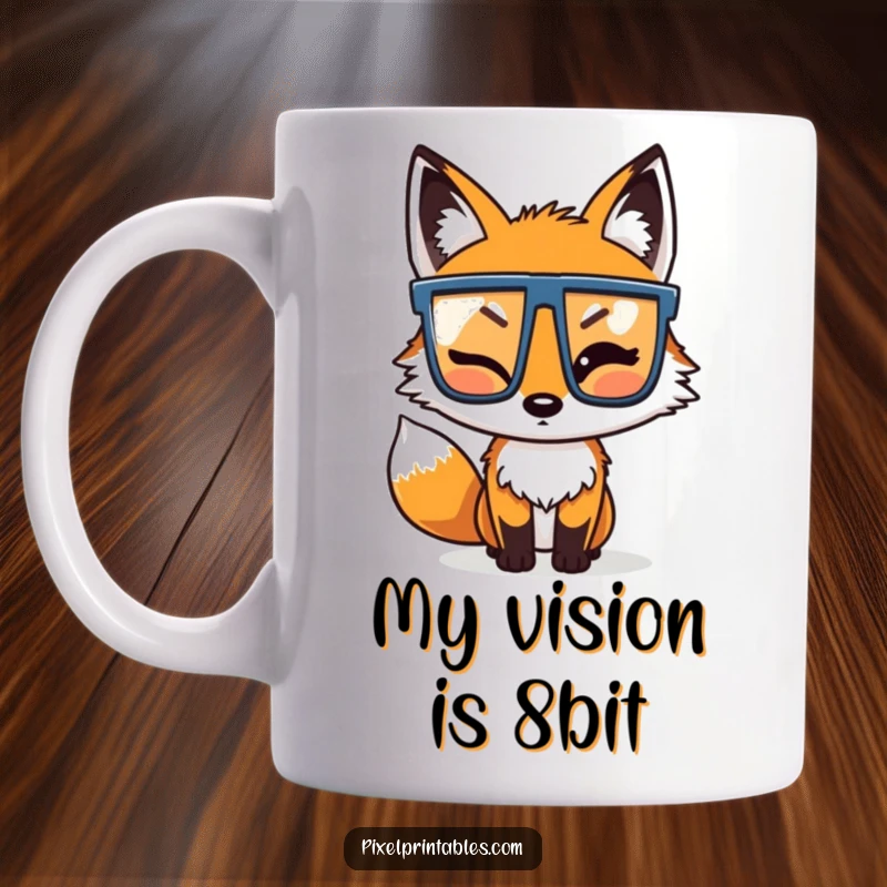 Funny Pixel Fox Mug: A winking pixelated fox confidently adjusts its pixel glasses, looking sharp and ready for action.