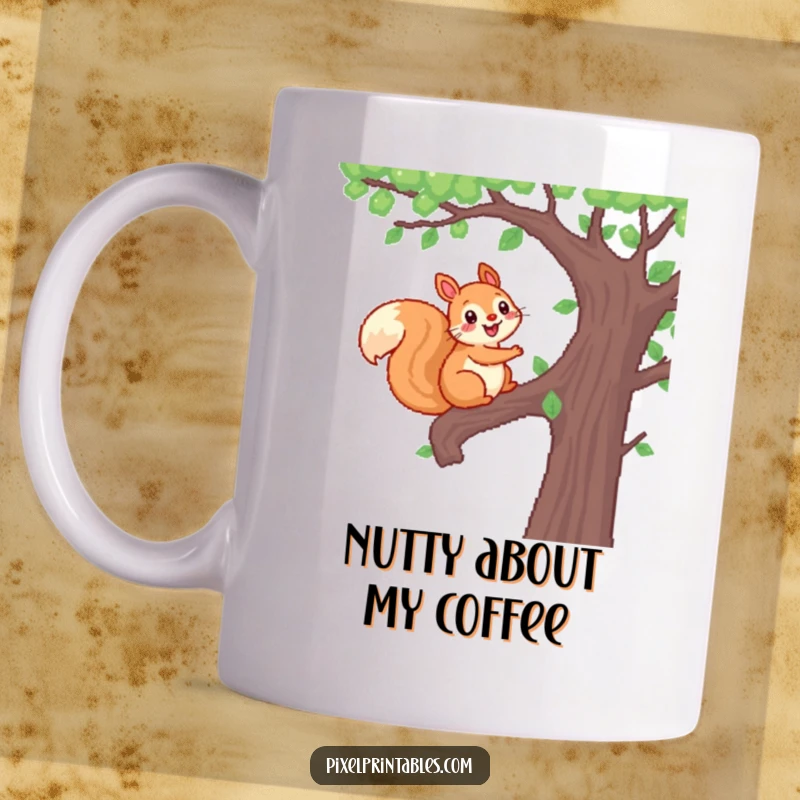 Funny Pixel Squirrel Mug featuring a cheerful, pixelated squirrel actively climbing a pixelated tree, bringing woodland fun.