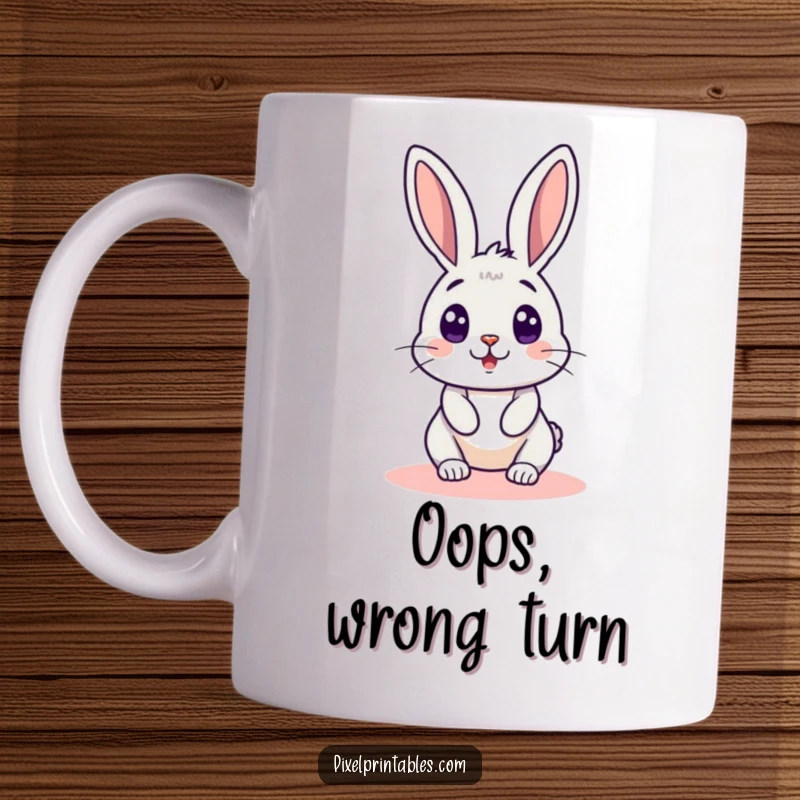 Funny pixelated rabbit with wide eyes peeking around a pixelated corner, expressing comical surprise on a ceramic mug.