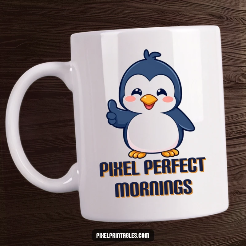 Funny mug featuring a playful pixelated penguin giving a pixelated thumbs up, exuding retro gaming charm and cheerful encouragement.