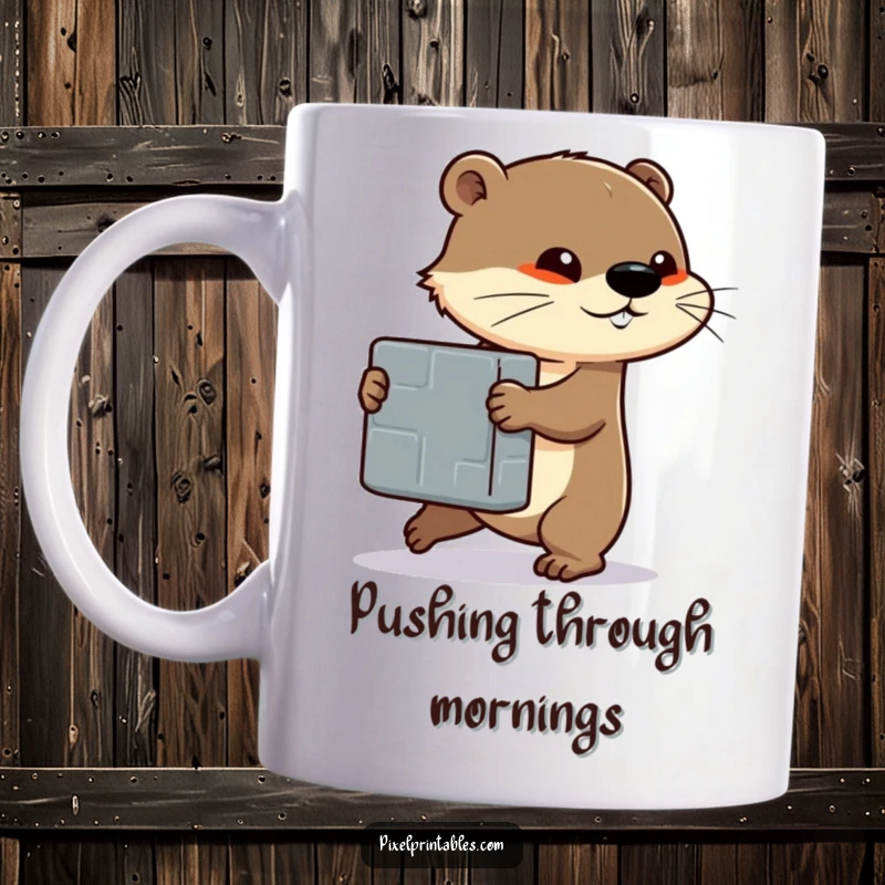 Funny mug featuring a determined otter character triumphantly pushing a large, pixelated block, symbolizing effort and progress.