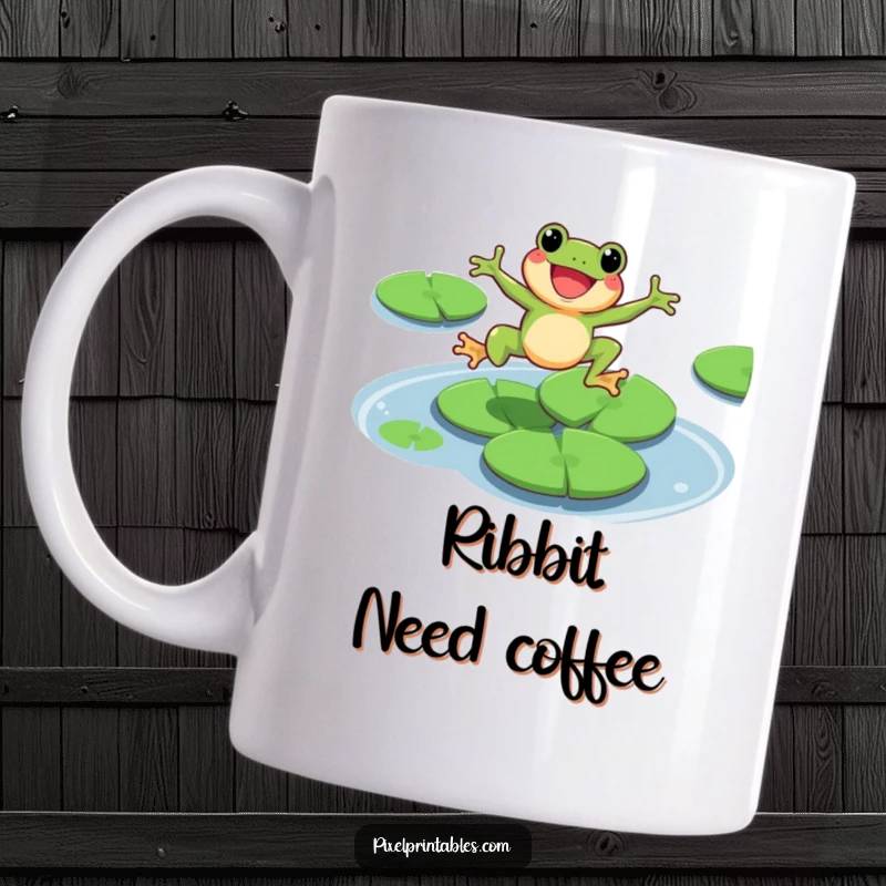 Funny pixel frog character joyfully leaping over lily pads on a mug, retro gaming style.