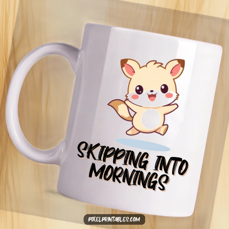 Funny mug with a cute, pixelated animal character skipping ecstatically, full of joy and retro charm.