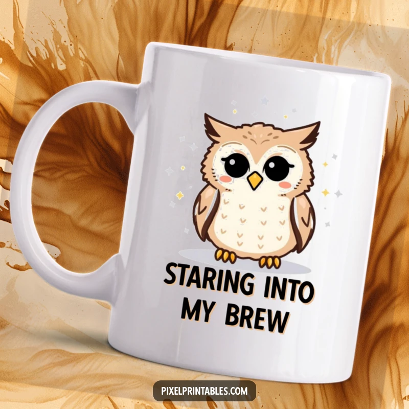 Funny pixelated owl mug featuring an owl peering curiously at a pixelated star map, evoking cosmic wonder and geeky delight.