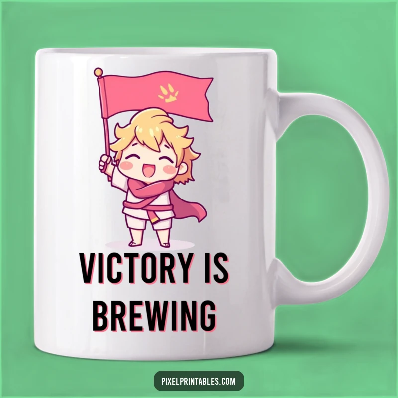 Funny Pixel Hero Mug: Triumphant Gamer Character Raising Pixel Flag, Perfect Gift