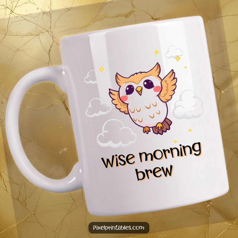 Funny pixel owl mug featuring a joyous pixelated owl flying through colorful pixel clouds, evoking retro gaming charm.