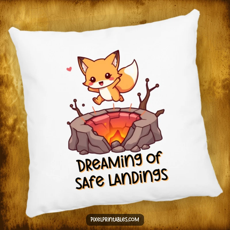Funny pillow featuring a cute fox character jumping over a pixelated lava pit, providing comfort with a playful gaming theme.