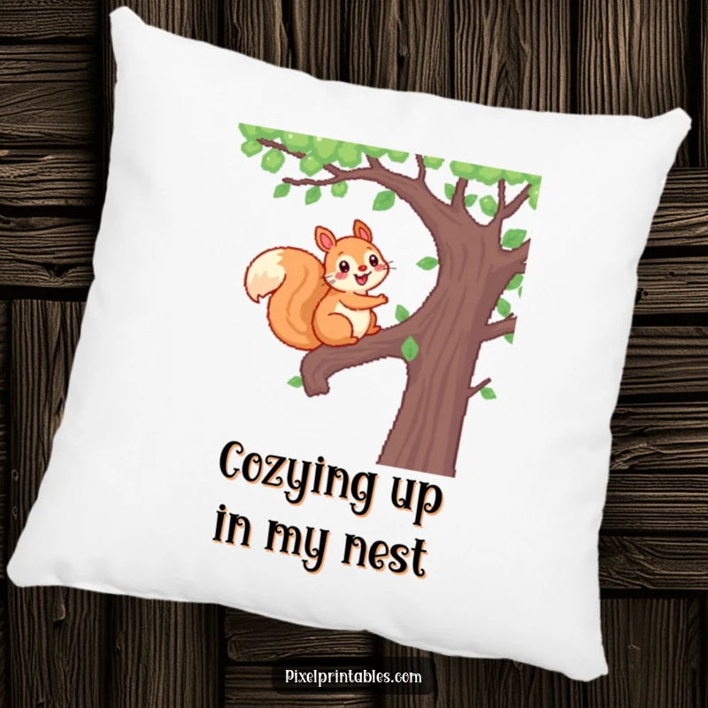 Funny Pixel Squirrel Pillow featuring a cheerful, pixelated squirrel climbing a pixelated tree, providing comfort and forest fun.