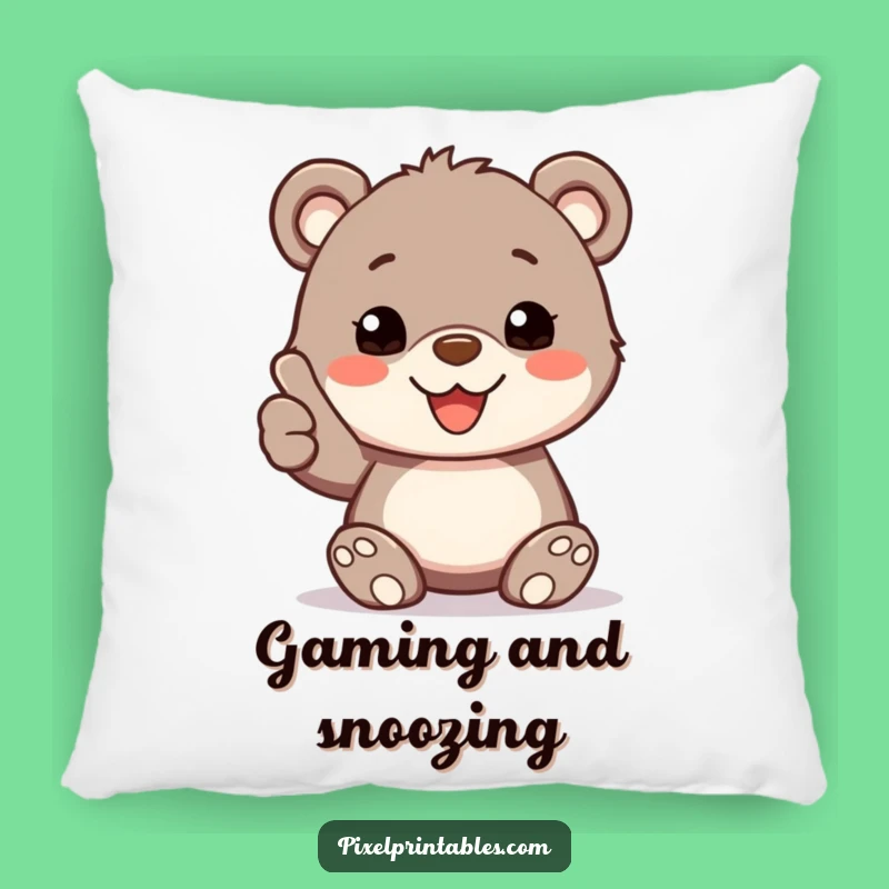 Cozy Funny Pixelated Bear Cub Thumbs Up Pillow, Adorable Funny Gift