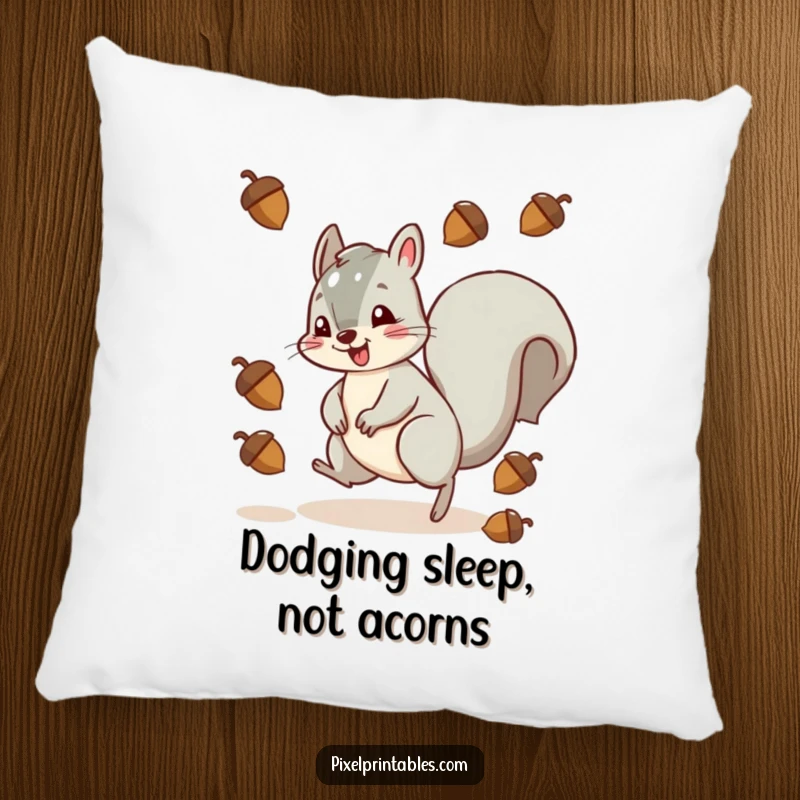Funny and cute squirrel character skillfully avoids falling pixelated acorns, displayed on a soft and decorative pillow.