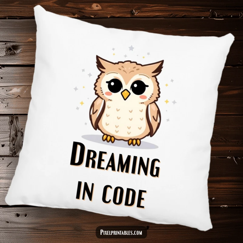 Funny pixelated owl pillow featuring a cute owl looking at a pixelated star map, providing comfort and a touch of cosmic humor.