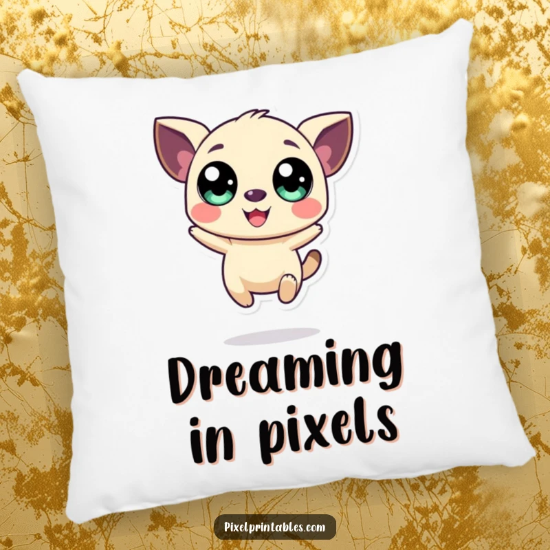 Funny, soft pillow featuring a large-eyed pixelated creature joyfully jumping, perfect for cozy, humorous decor.
