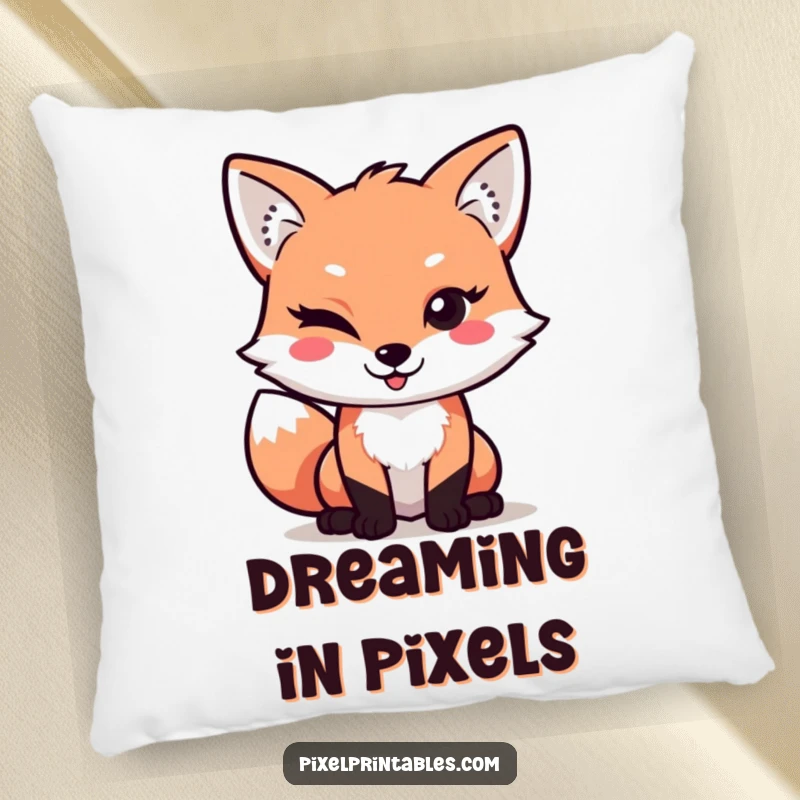 Funny Pixel Fox Pillow: Mischievous pixelated fox winks playfully, offering cozy comfort and retro gaming humor for your home.