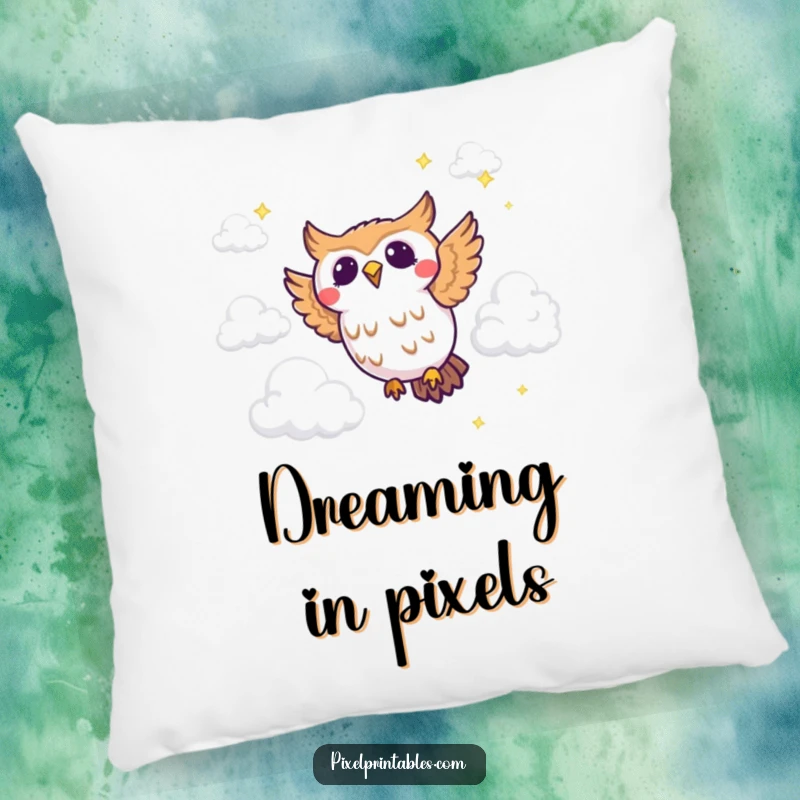 Funny pixel owl pillow featuring a joyous pixelated owl flying through pixel clouds, for cozy retro relaxation.