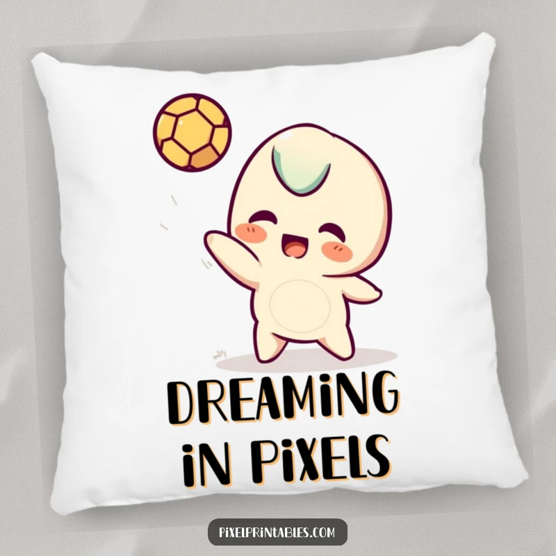 Funny pixel pillow with a playful pixelated character illustration tossing a pixel ball, perfect for gaming room decor.