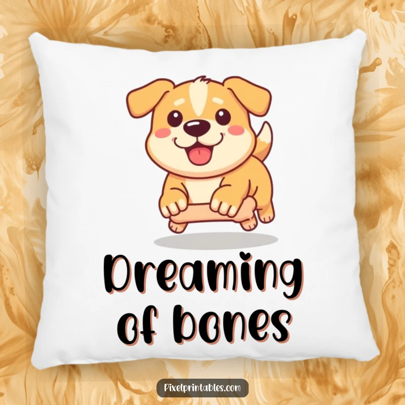 Funny Pixel Dog Pillow: Cute pixelated dog determinedly chasing a pixel bone, soft pixel art accent pillow.