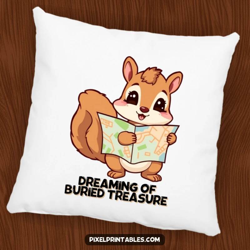 Funny squirrel character resting on a pixelated map, soft and cozy. Adorable funny gift for any room.