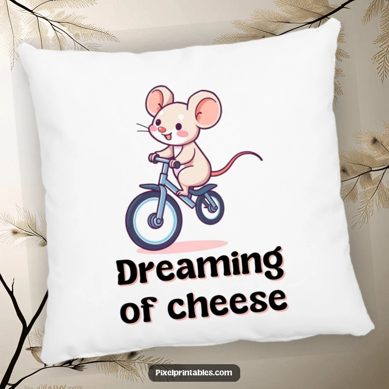 Funny pillow with a giggling pixelated mouse riding a pixelated unicycle, offering soft comfort and retro whimsical appeal.