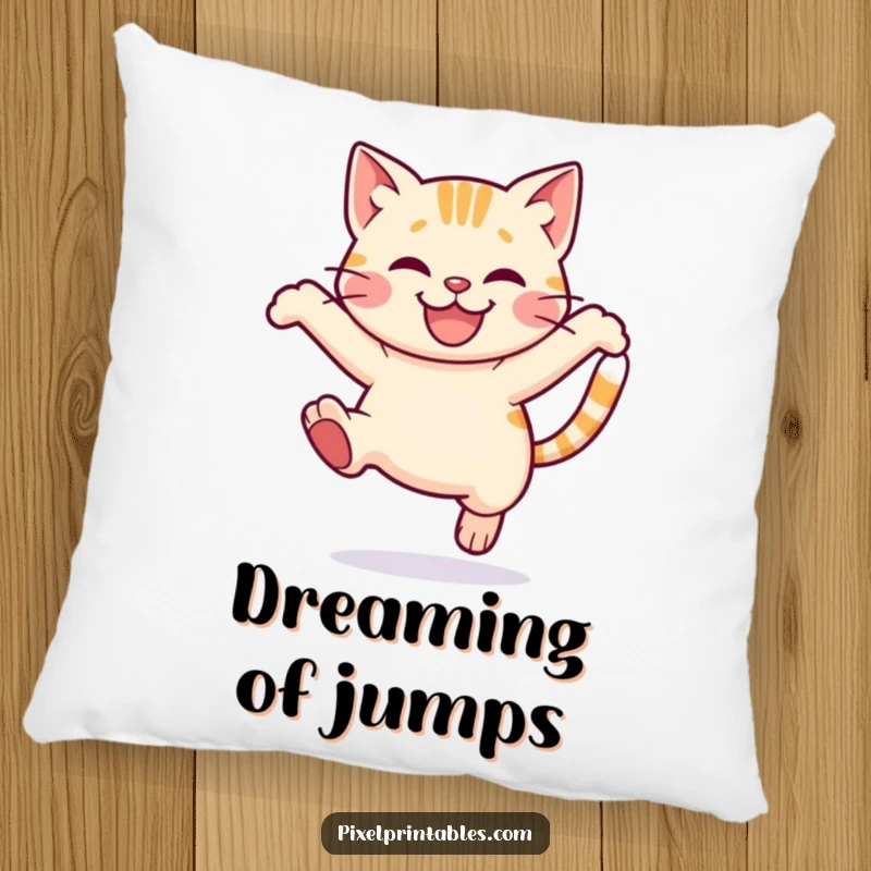 Funny Pixel Cat Pillow: Cute pixelated cat leaping playfully, soft pixel art accent pillow.