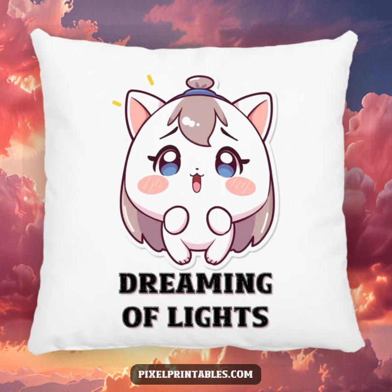 Funny pillow featuring a character with a surprised expression, looking at a blinking light, providing cozy comfort with humorous relatability.