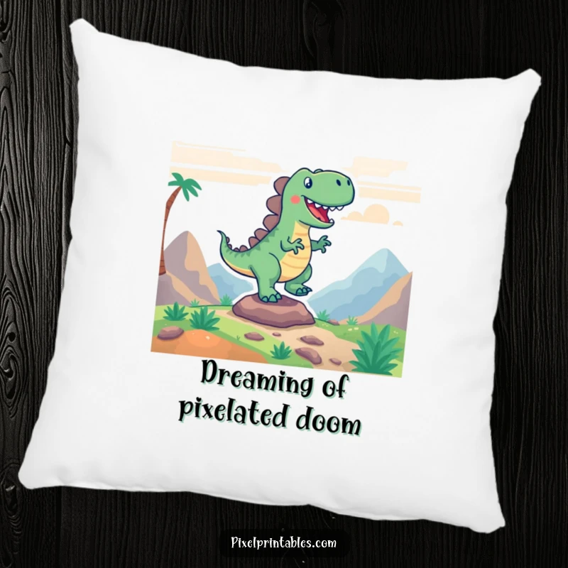 Funny pillow featuring a cheerful pixelated dinosaur stomping across a retro game background, ideal for cozy gaming.