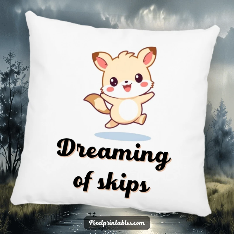 Funny, soft pillow featuring a cute pixelated animal character skipping with joy, perfect for cozy, adorable decor.