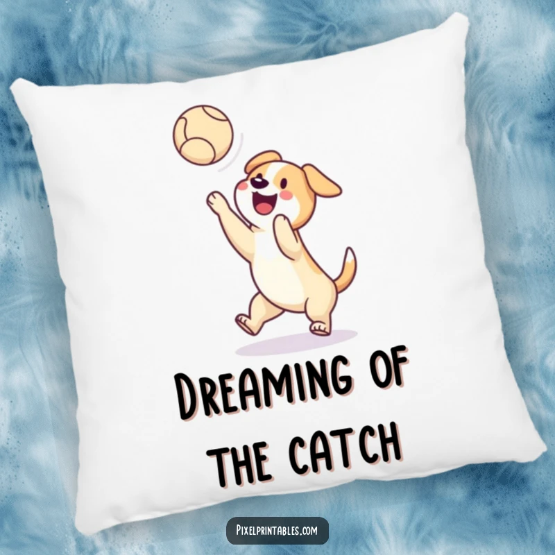 Funny throw pillow featuring a pixelated dog happily catching a pixelated ball mid-air, offering comfort with a nostalgic, humorous twist.