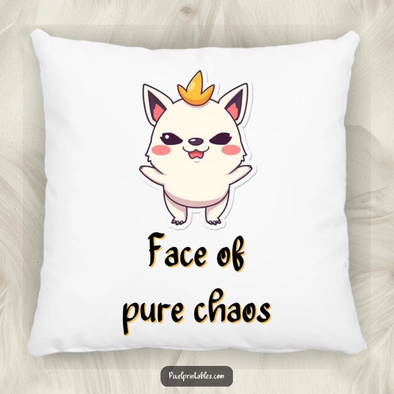 Funny pillow with a mischievous pixelated creature making a funny face, offering comfort and a dose of playful humor.