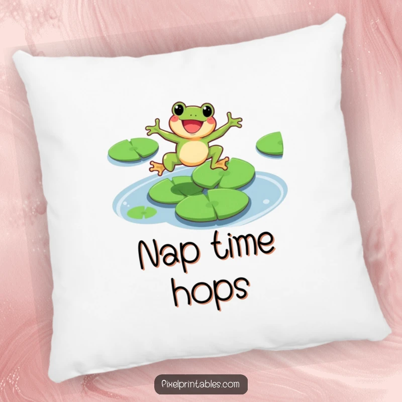 Funny pixel frog character leaping over lily pads, soft decorative pillow, pixel art comfort.