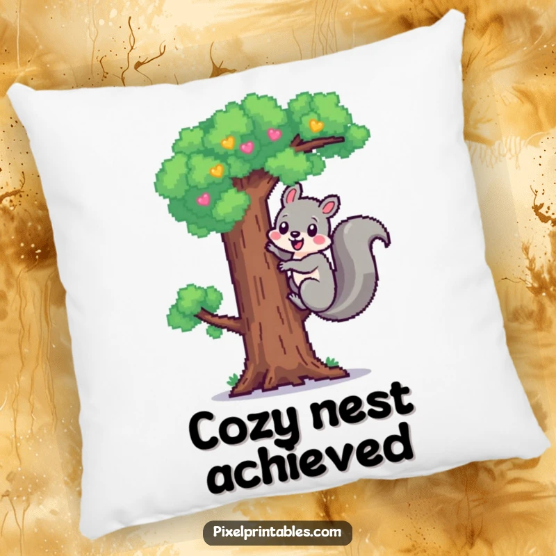 Funny Pixel Squirrel Pillow: Cute pixelated squirrel cheerfully climbing a pixel tree, soft pixel art accent pillow.