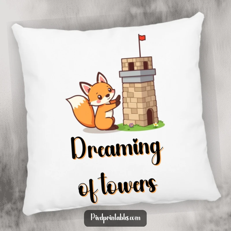 Funny pixelated fox building a tiny pixelated tower, mischievous builder, retro pixel art pillow, soft and decorative.