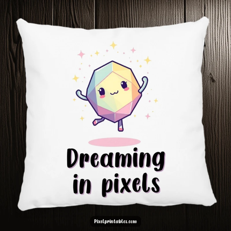Funny pixelated geometric shape in a lively dance pose with surrounding pixelated sparkles, soft retro pillow.