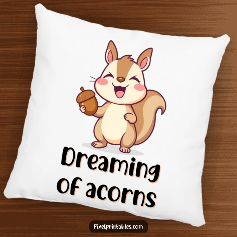 Funny pixelated squirrel triumphantly holding a pixelated acorn, joyful collector, retro pixel art pillow, soft and decorative.