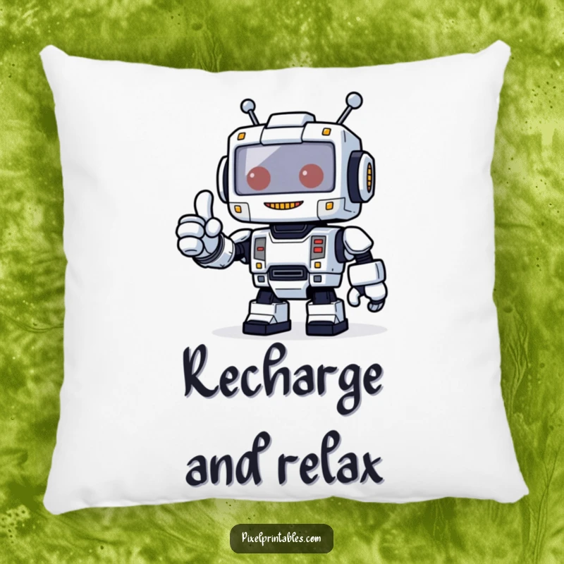 Funny, soft pillow featuring a friendly blocky pixelated robot giving a thumbs up, perfect for cozy, supportive decor.