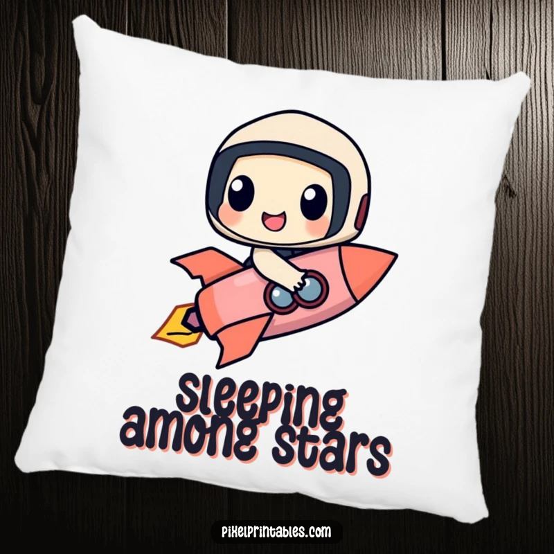Funny pillow with a happy pixel character composed of geometric forms joyfully riding a pixelated rocket, offering comfort and cosmic style.