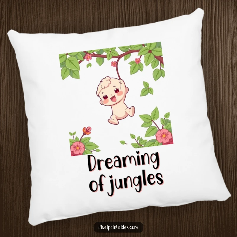 Funny Pillow: Depicts a playful character swinging from a vine, adding humor and a sense of adventure to home decor, a funny gift.