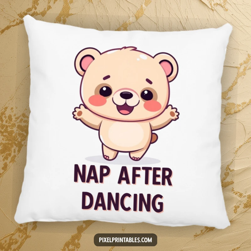 Funny pixel bear pillow featuring a giggling pixelated bear doing a silly dance, for cozy amusement.
