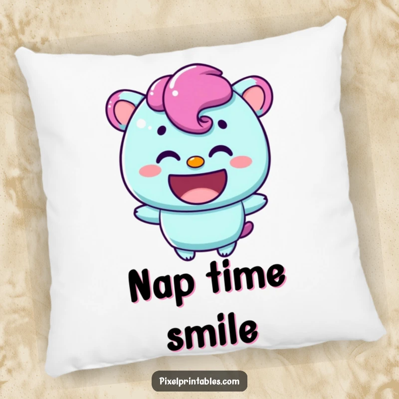 Funny pillow with a content pixelated character offering a warm smile, providing comfort and a touch of digital happiness.