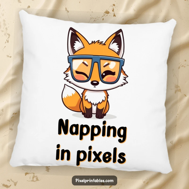 Funny Pixel Fox Pillow: A winking pixelated fox adjusting pixel glasses, offering cozy comfort and retro gaming appeal.