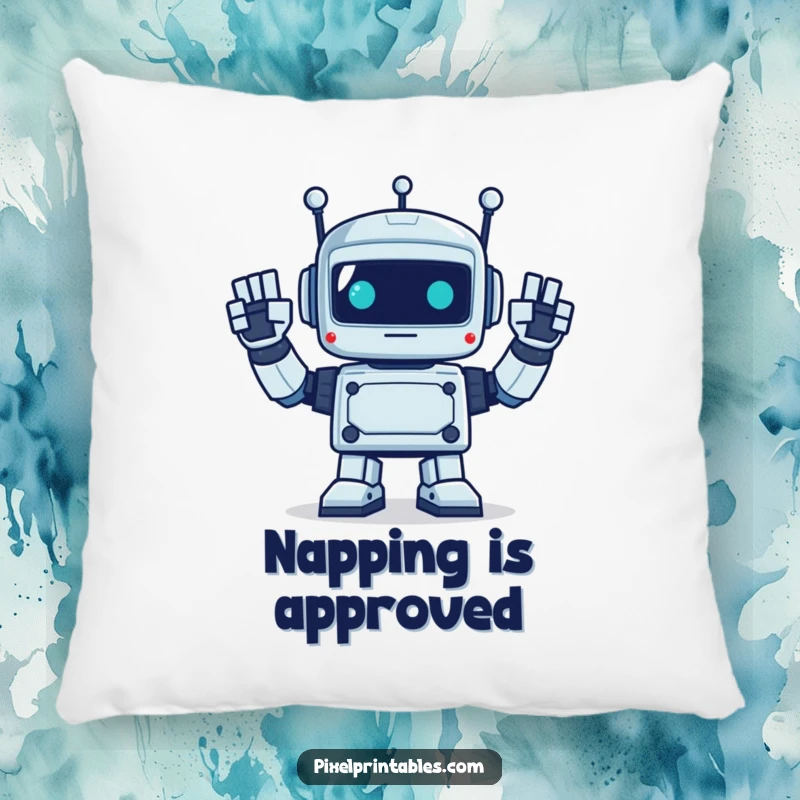 Funny, soft pillow featuring a pixelated robot enthusiastically waving with square hands, perfect for cozy, friendly decor.